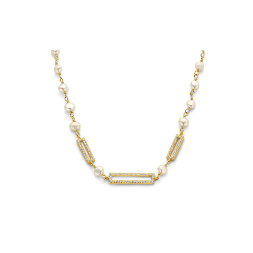 Collier mit Süßwasser-Zuchtperle & 82 Zirkonia – Silber 925/000, vergoldet – Damen