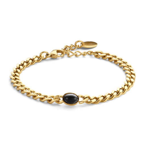 Lovebird Armband Edelstahl – 14kt. Farbvergoldung, 5 mm, Steine: Katzenauge / Achat schwarz / Lapis, inkl. Geschenkbox