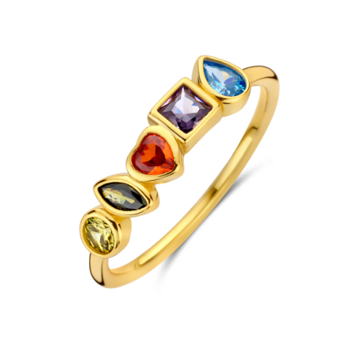 Damenring mit 5 bunten Zirkonia – 925/- Silber vergoldet, Damen
