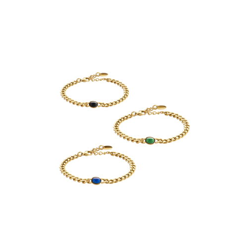 Lovebird Armband Edelstahl – 14kt. Farbvergoldung, 5 mm, Steine: Katzenauge / Achat schwarz / Lapis, inkl. Geschenkbox