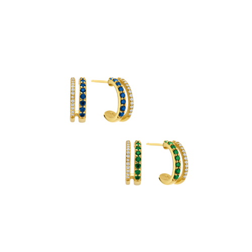 Ohrstecker Silber 925 vergoldet – 42 Zirkonia Blau/Grün & Weiß, Ø 15 mm, inkl. Geschenkbox