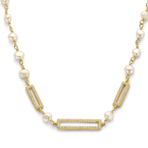 Collier mit Süßwasser-Zuchtperle & 82 Zirkonia – Silber 925/000, vergoldet – Damen