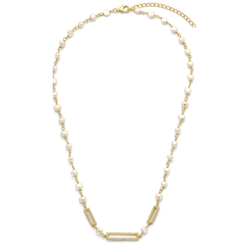 Collier mit Süßwasser-Zuchtperle & 82 Zirkonia – Silber 925/000, vergoldet – Damen