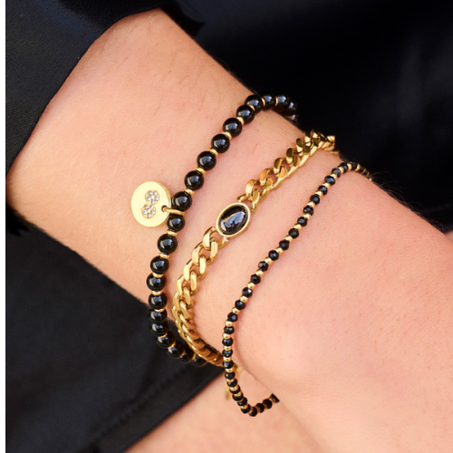 Lovebird Armband Edelstahl – 14kt. Farbvergoldung, 5 mm, Steine: Katzenauge / Achat schwarz / Lapis, inkl. Geschenkbox