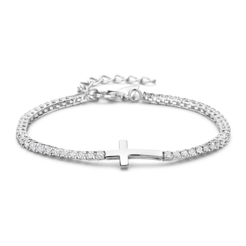 Tennisarmband Damen Silber 925 rhodiniert mit 54 Zirkonia & Kreuz – Silber oder vergoldet – Geschenkidee Schmuck