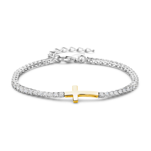 Tennisarmband Damen Silber 925 rhodiniert mit 54 Zirkonia & Kreuz – Silber oder vergoldet – Geschenkidee Schmuck